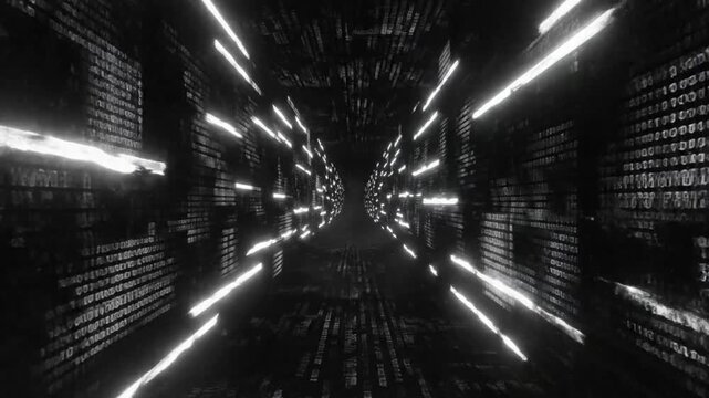 Futuristic Digital Tunnel Abstract with Binary Code and Bright Light Streaks in Dark Space Environment