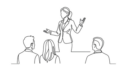 Continuous line drawing of a businesswoman giving a presentation to colleagues. © Pionn