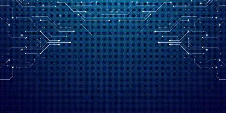 Glowing circuits pulse across a deep blue digital grid. Neon lines trace futuristic pathways with electric spark effects. Abstract tech design evokes innovation and digital connectivity