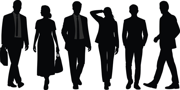Black and white silhouette illustrations of people walking and standing