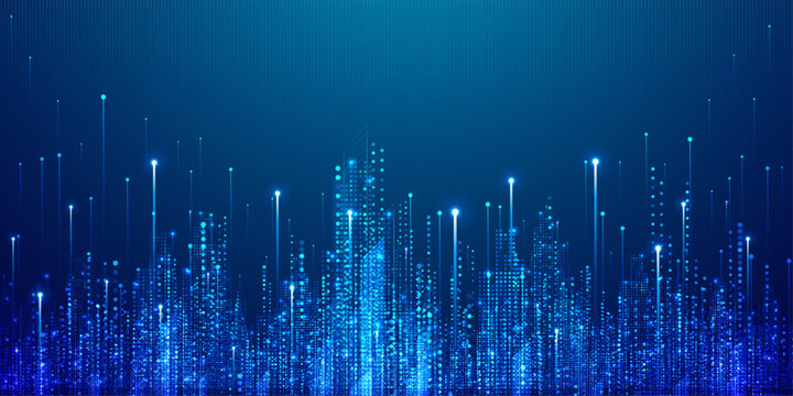 Digital smart city concept with glowing vertical light rays on blue background.