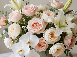 Fototapeta premium Soft pink roses and white blooms arrangement.