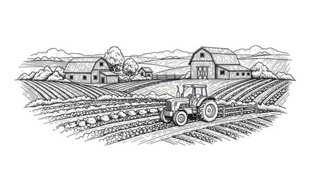 Farm tractor plowing a field with barns in the background. © Yuni