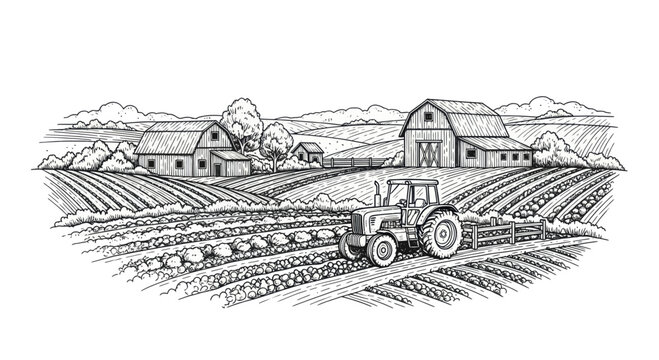 Farm tractor plowing a field with barns in the background.