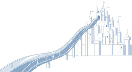 A long winding slide leading down from a tall fairytale castle tower. © Afi
