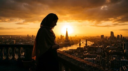 Fototapeta premium Silhouette of a woman admiring a breathtaking sunset over a sprawling cityscape