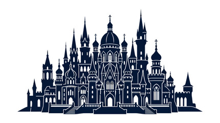 A detailed silhouette illustration of a majestic fairytale castle with multiple towers and spires. © Afi
