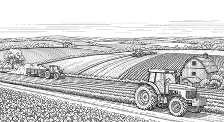 Farm tractor working in a field with a barn and rolling hills. © Yuni