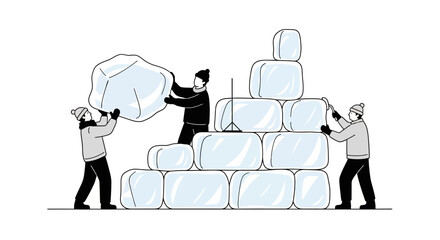 Three people working together to build a wall out of large ice blocks. © Afi