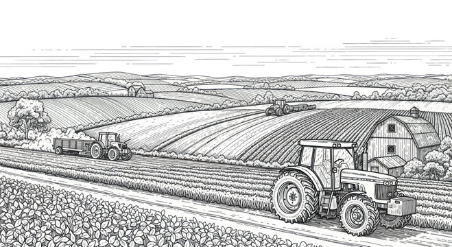 Farm tractor working in a field with a barn and rolling hills.