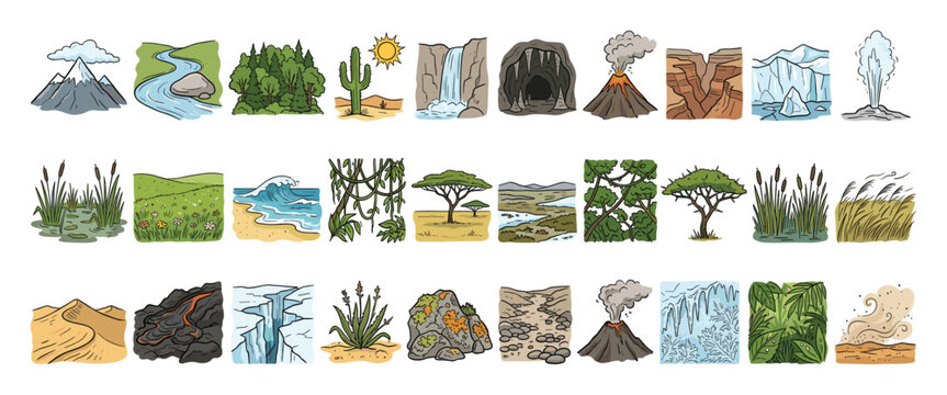 Natural biomes landform illustration set. Earth environment element drawings. Geographical nature landscape icons collection.