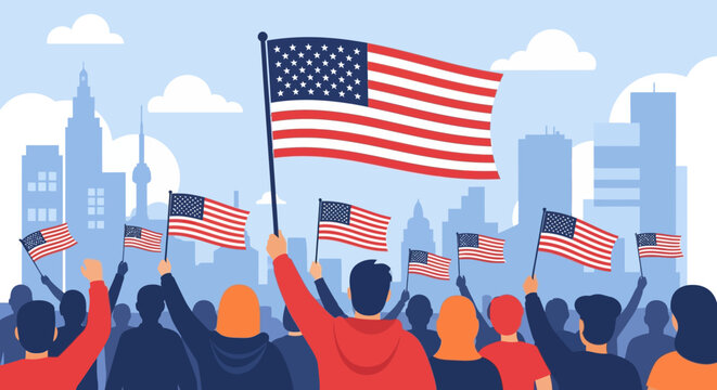 Large crowd of people holding flags during a public demonstration and political rally