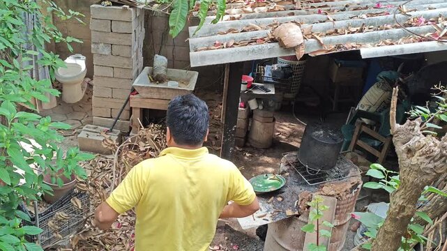 Shaking and Pulling Down Dry Soursop Tree Branches