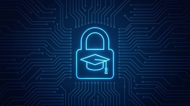 Protecting academic data Abstract tech lock illustration representing cybersecurity in online learning, EdTech and privacy