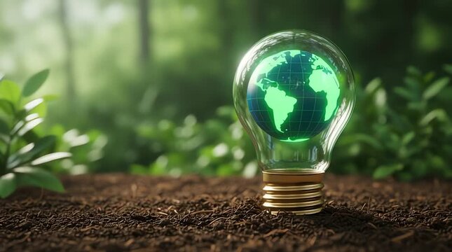 Eco-friendly light bulb with green globe on soil in forest, symbolizing sustainable energy solutions, Video Animation