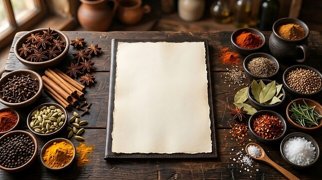 Various Spices and Herbs Around Blank Parchment Paper on Rustic Wooden Table