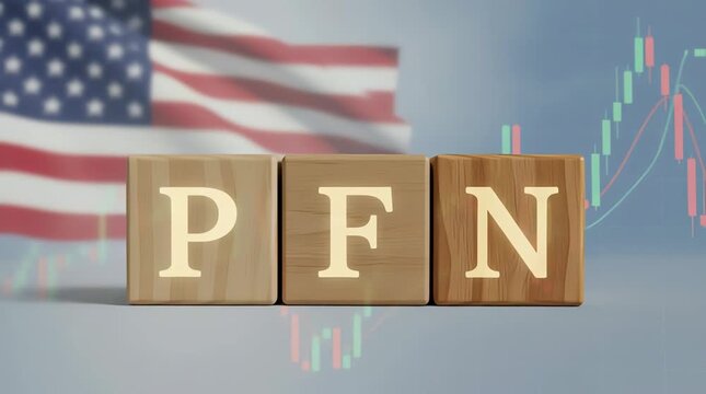 A video animation of wooden blocks with letters PFN in front of a blurred US flag and stock market graph on a grey background