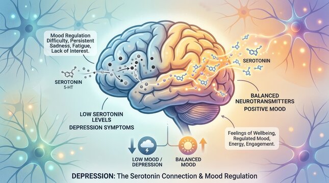 Brain illustration showing serotonin connection and mood regulation in depression.