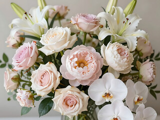 Fototapeta premium Soft pink roses and white blooms arrangement.