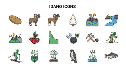 Fototapeta premium Idaho State Vector Icons Collection illustrating nature, wildlife, outdoor sports, agriculture, and unique local symbols for travel, regional design projects