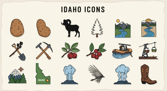 Collection of Hand Drawn Idaho State Symbols Featuring Potatoes Mountains Wildlife and Outdoor Recreation Activities