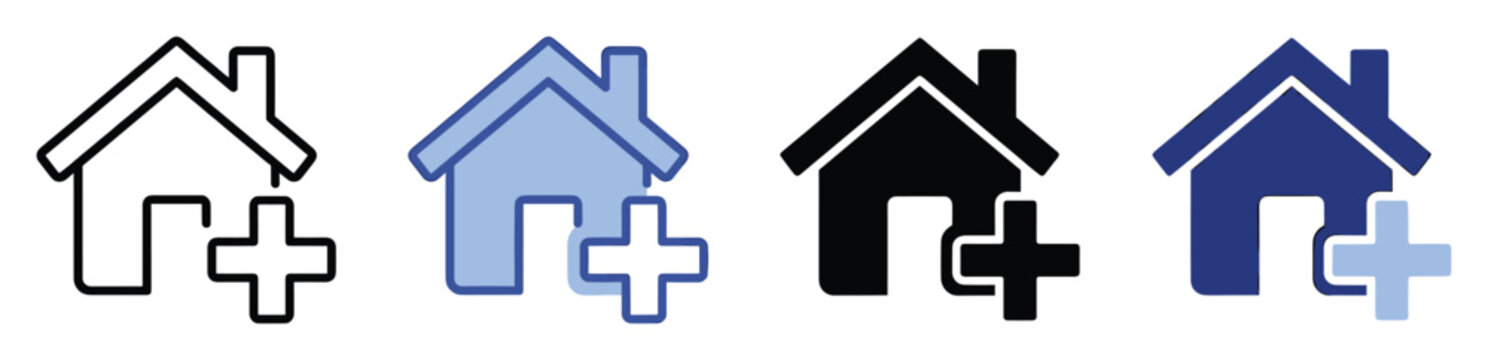 House add icon set. Home new symbol collection. Building plus sign design. Line and flat style illustration.