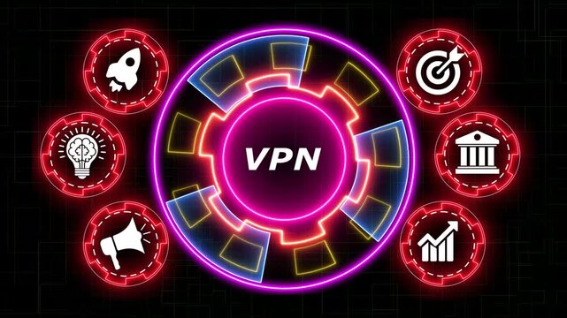 Vpn neon text in the center of a gear wheel, surrounded by business icons.