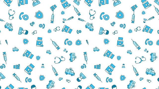 Healthcare seamless looping motion background pattern with blue medical line icons for digital design and medical presentation