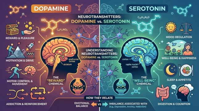 Infographic Explaining Dopamine and Serotonin Neurotransmitters in the Human Brain.