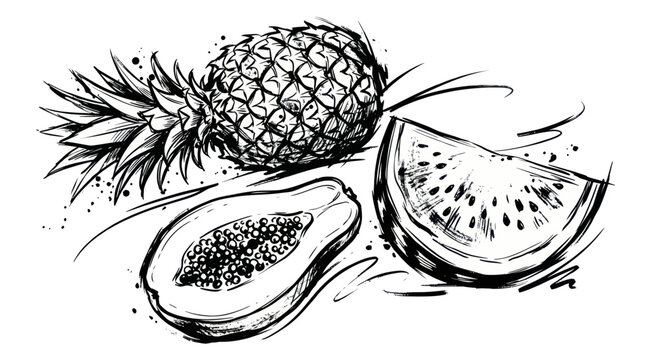 Fresh Tropical Fruits: Pineapple, Papaya, and Melon Slice Sketch