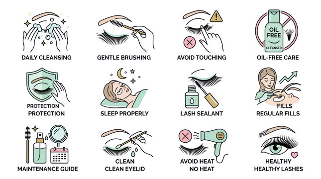 Eyelash Care Icons: Daily Routine, Protection, Maintenance & Tips