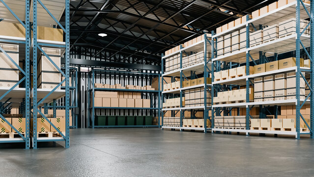 Large industrial warehouse interior with empty concrete floor and metal pallet racks filled with cardboard boxes for logistics and inventory management- 3D rendering