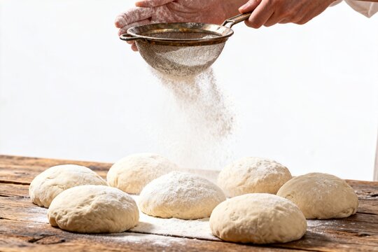 Baker Dusting Dough with Flour on Wooden Table