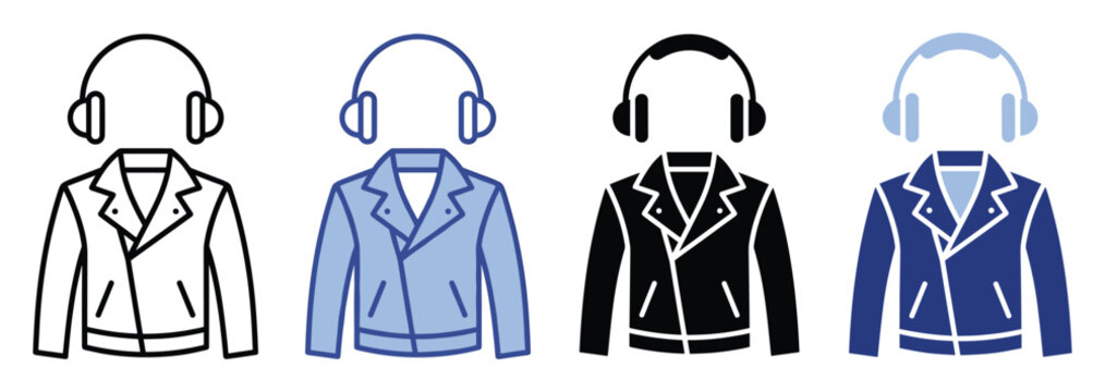 Music listener icon set. User avatar graphic. Headphones jacket outline solid collection. Flat line color pictogram.