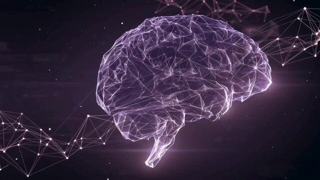 Futuristic digital human brain wireframe with glowing network lines