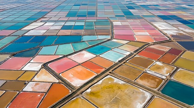 Vibrant Aerial View of Colorful Salt Evaporation Ponds, Creating a Stunning Geometric Tapestry of Hues and Abstract Patterns on the Earth's Surface