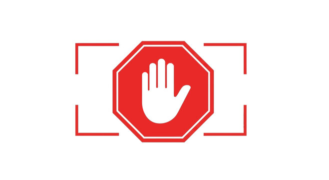 Stop Sign with Hand Icon and Focus Frame - Warning, Danger, Prohibition Concept