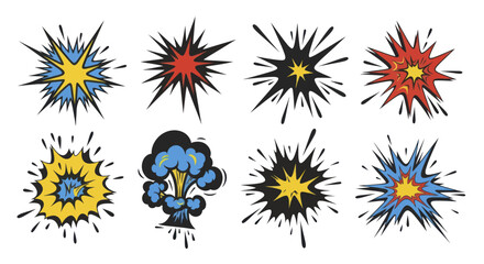 Collection of comic book style explosion and burst graphics. © Wita