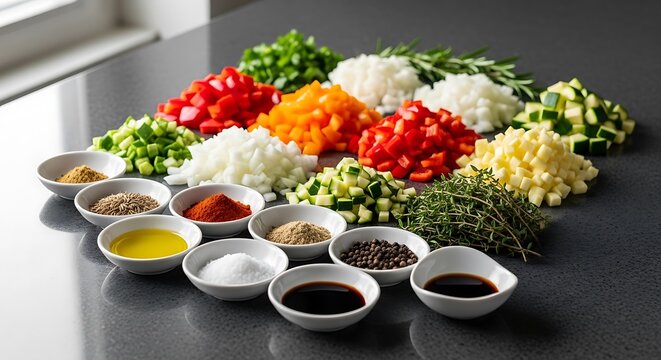 Fresh chopped vegetables and various spices in small bowls for cooking on a dark kitchen table. mise en place kitchen