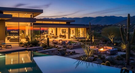 Fototapeta premium Modern luxury house with swimming pool and fire pit at sunset in the desert. arizona modern homes
