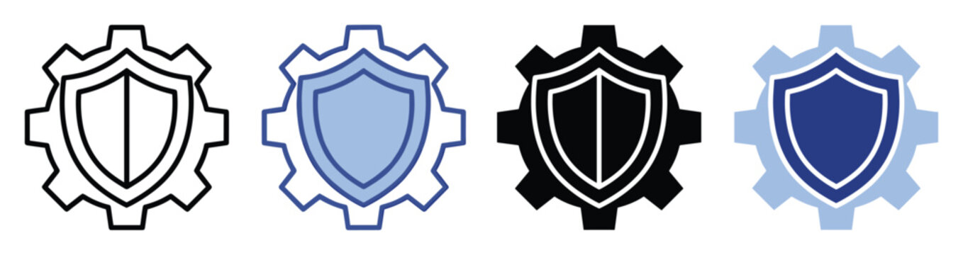 Security shield gear pictogram. Protection system setup symbol. Outline and solid glyph. Vector illustration