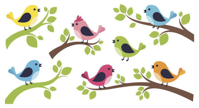 Collection of Cute Cartoon Birds Perched on Tree Branches.