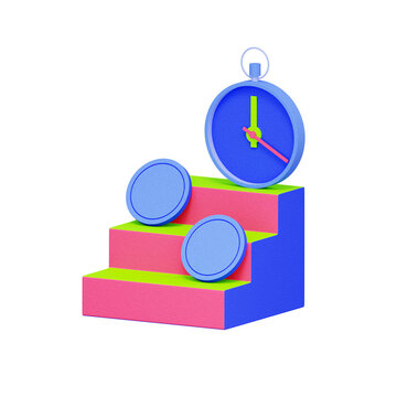 3D illustration of stepped platform with coins and stopwatch for financial progress, time investment, savings growth, wealth milestone, and deadline tracking.
