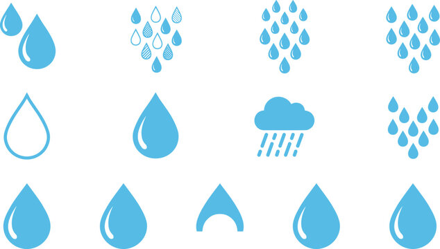 Blue water and rain icons collection featuring droplets, raindrops, and cloud with rainfall in minimalist environmental weather design set