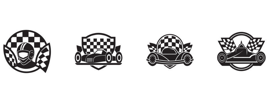 Racing car icons with checkered flags and helmets  racing car icons with checkered flags and helmets