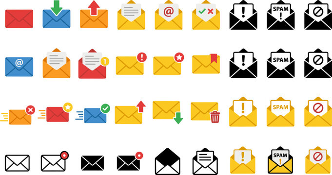 Collection of colorful and monochrome envelope icons showing email actions, notifications, alerts, and communication symbols for digital interface design