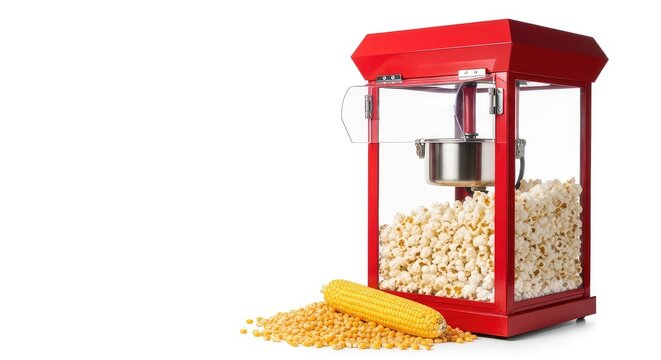 A classic red popcorn machine sits on a solid white background, its glass container overflowing with freshly popped kernels and yellow corn, red, metal, corn
