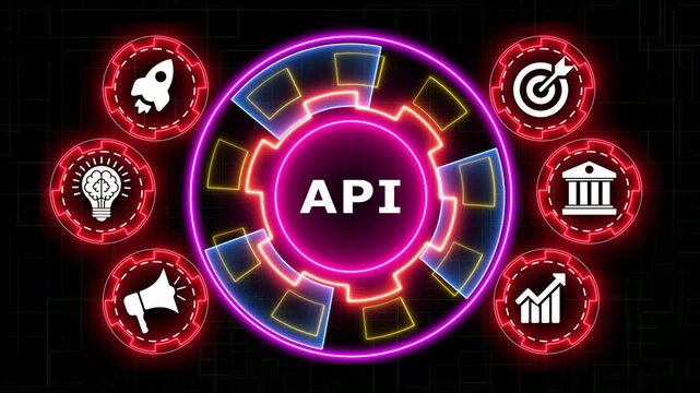 Neon api symbol animated around glowing ring with business icons digital background.