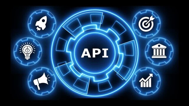 Application programming interface api concept with rotating neon blue gears.