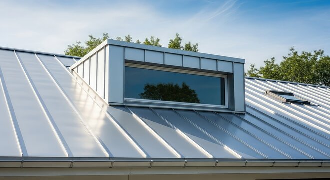A close-up of a silver metal roof featuring a dormer window on a modern home. Sunlit panels reflect light with green trees and blue sky, roof, siding, architectural